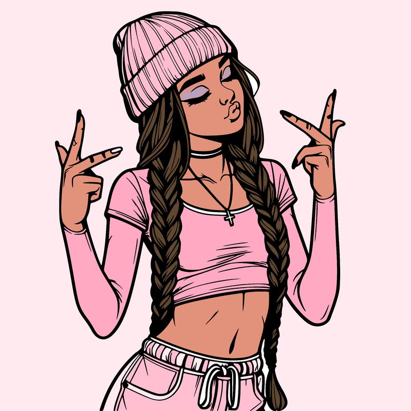 realistic teenage girl with braids and a beanie and crop top doing 🫶🏼