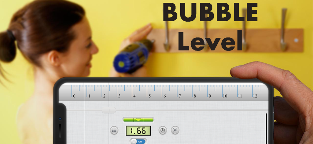 Ruler • - Pantalla de smartphone mostrando una herramienta de nivel de burbuja digital para mejoras del hogar de bricolaje