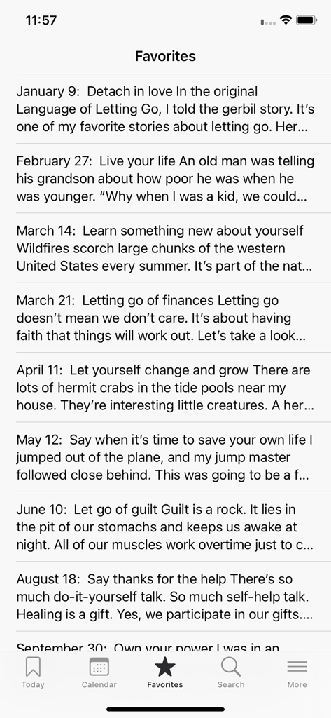 Favorites screen showing a list of saved daily recovery readings