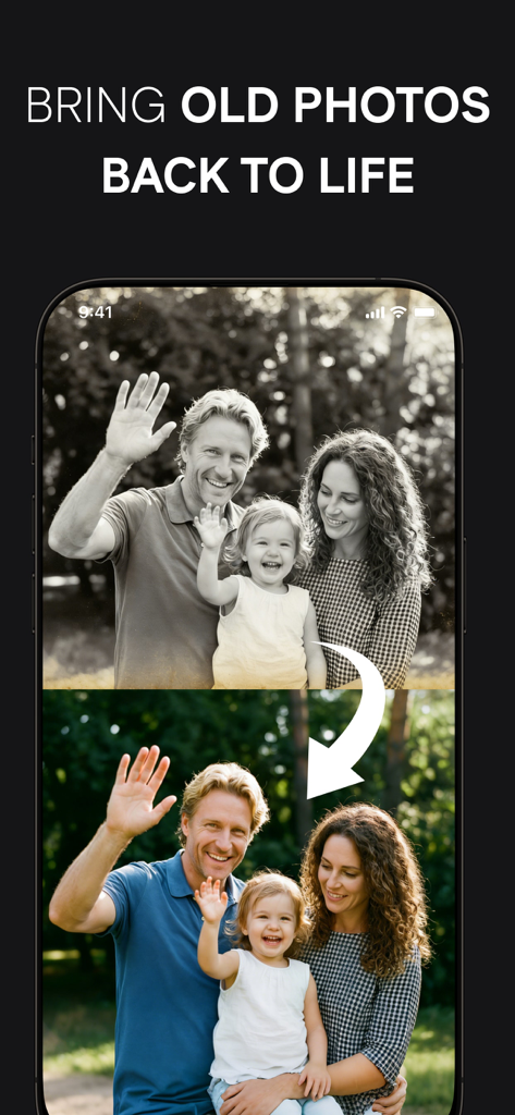 Mysticat-AI Photo Studio - AIエンハンスメントを使用してフルカラーに復元された古い白黒の家族写真を示す比較。