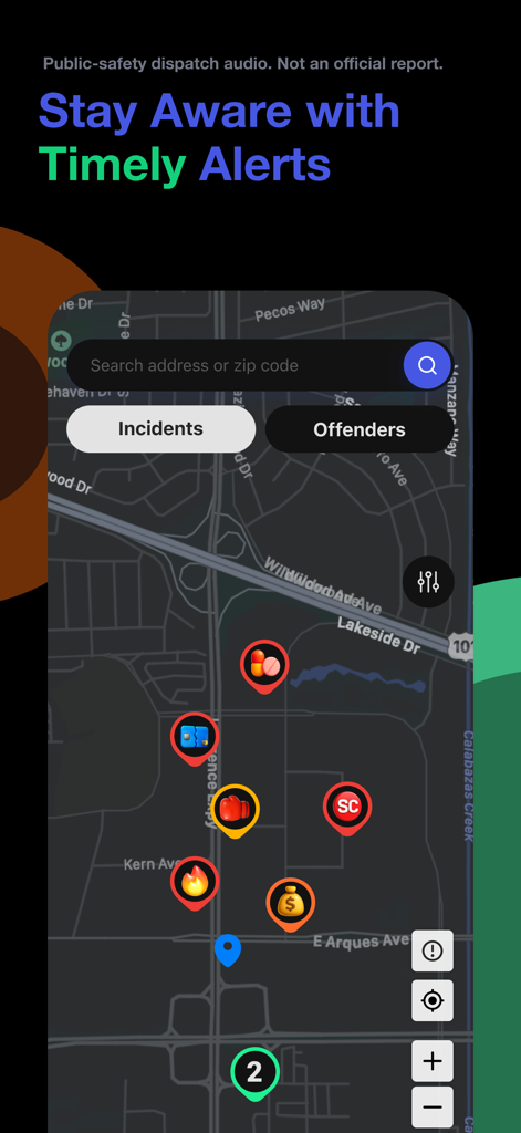 CrimeRadar Dispatch Audio - CrimeRadar app interface showing an interactive map with safety alerts and incident markers