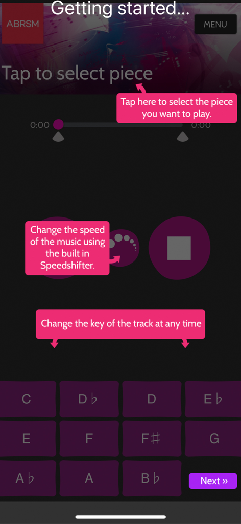 ABRSM Singing Practice Partner - Getting started screen of the ABRSM Singing Practice Partner app showing instructions for selecting a piece, adjusting speed, and changing musical keys.