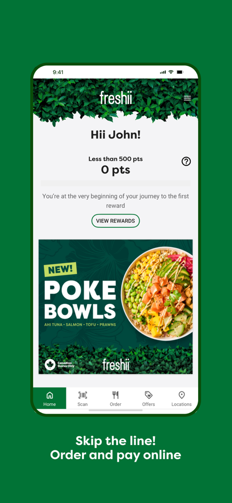 Freshii - Freshii mobile app home screen showing user rewards points and featured poke bowl menu item