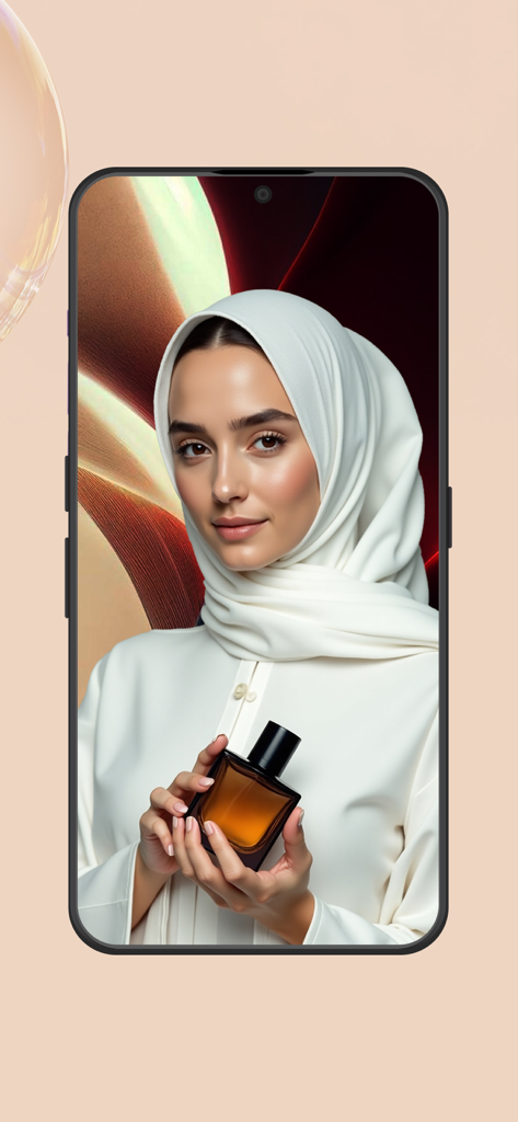 V Perfumes:Buy Perfumes Online - A woman wearing a white hijab holding a premium perfume bottle on a mobile screen for V Perfumes