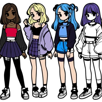 one girl with crop-top shirt and a jacket with a skirt, long socks and another girl with a shirt and pants with a jacket
