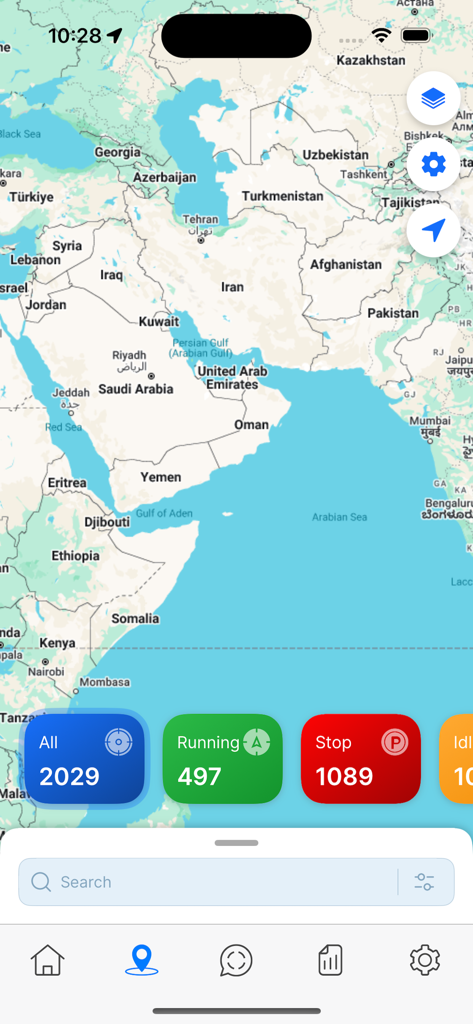 GPS-Control - GPS Control App-Oberfläche mit einer Karte und Fahrzeug-Tracking-Statistiken, einschließlich der Anzahl der fahrenden und stehenden Fahrzeuge.