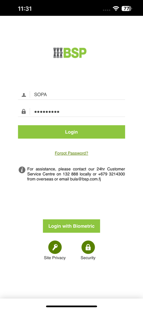 Anmeldebildschirm der BSP Fidschi Mobile Banking App
