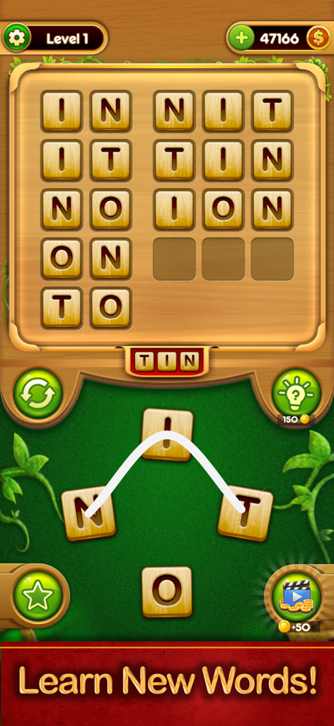 Juego de Word Connect que muestra un nivel de crucigrama con fichas de letras de madera.