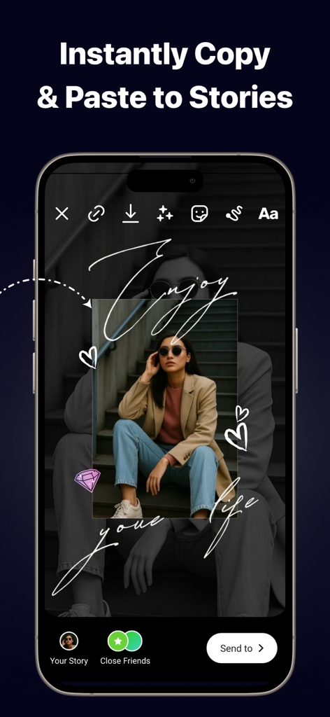 iPhone screen showing custom handwritten fonts and stickers for an aesthetic Instagram Story