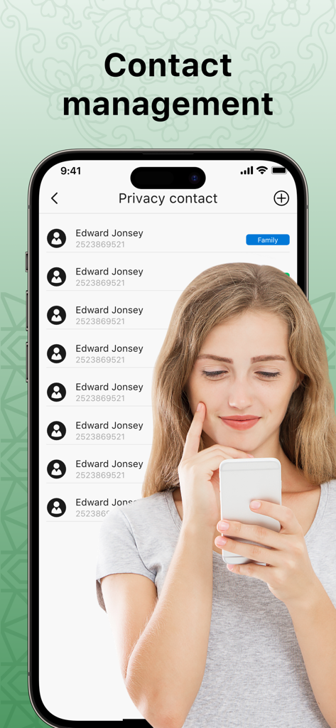 Number Book app interface showing the privacy contact management screen with a woman using a smartphone