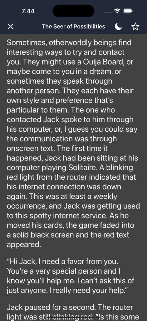 Creepypasta Stories - A horror story displayed in dark mode within the Creepypasta Stories mobile app