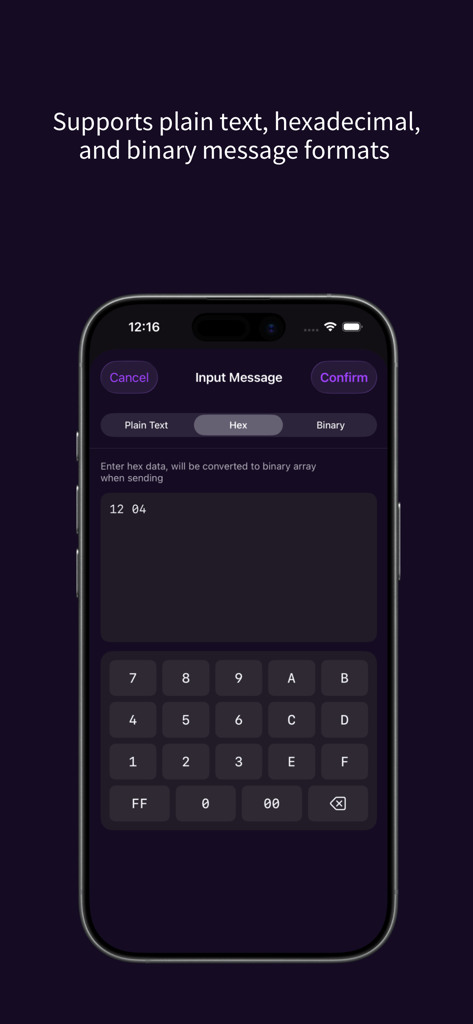 SocketChat - TCP&UDP Debug - Interfaccia dell'app SocketChat che mostra l'input di messaggi esadecimali e una tastiera esadecimale personalizzata per il debug di rete.