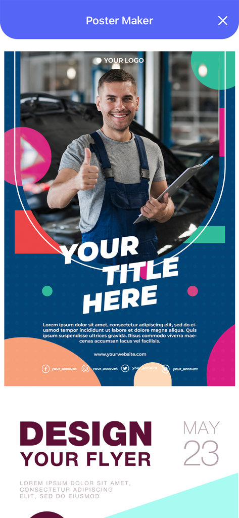 Poster Maker + Flyer Maker . - Un modèle de flyer de service de mécanicien personnalisable dans l'application Poster Maker et Flyer Maker