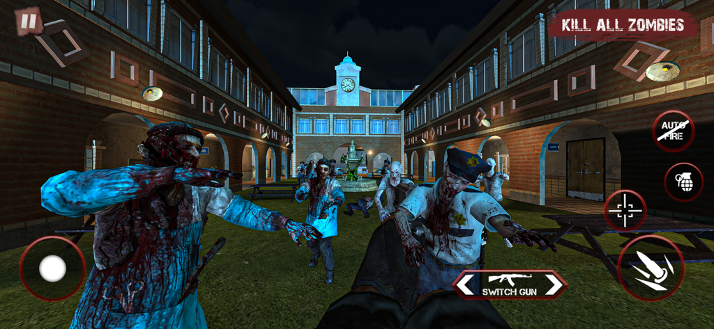 A first person perspective of a 3D zombie shooting game set in a courtyard.