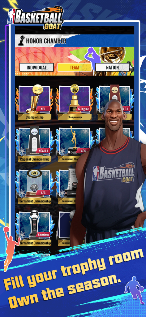 Basketball GOAT game screen showing the Honor Chamber with various championship trophies and a player character