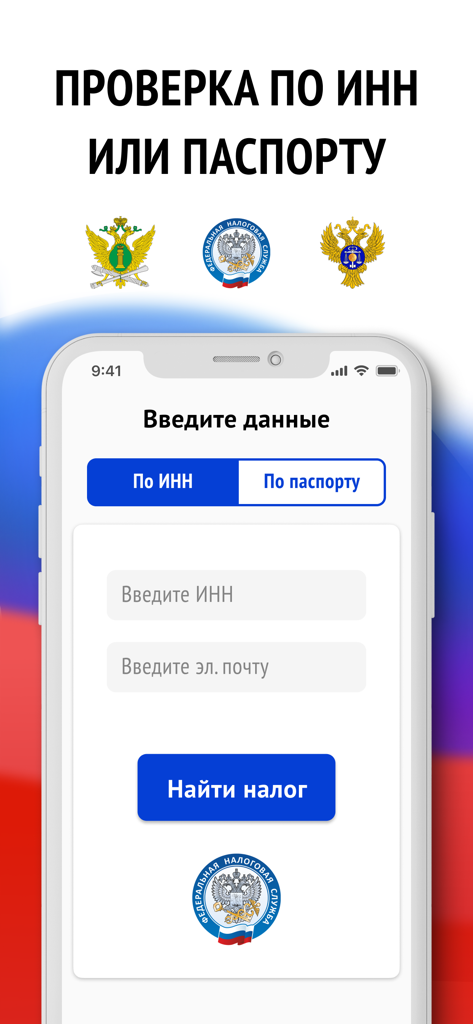 Mobile screen for checking taxes using INN or passport identification in the My Taxes app
