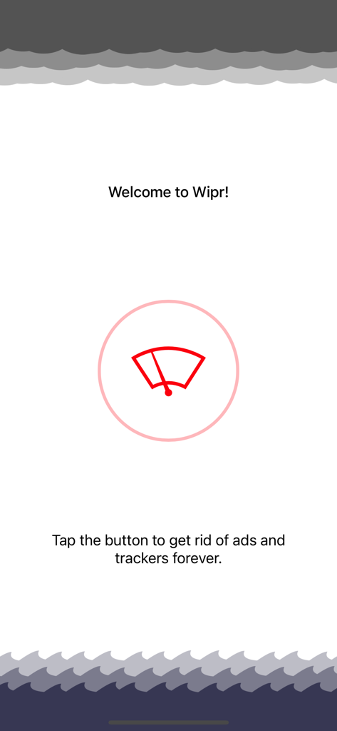 Welcome screen of the Wipr ad blocker app showing a windshield wiper icon and a prompt to block ads and trackers.