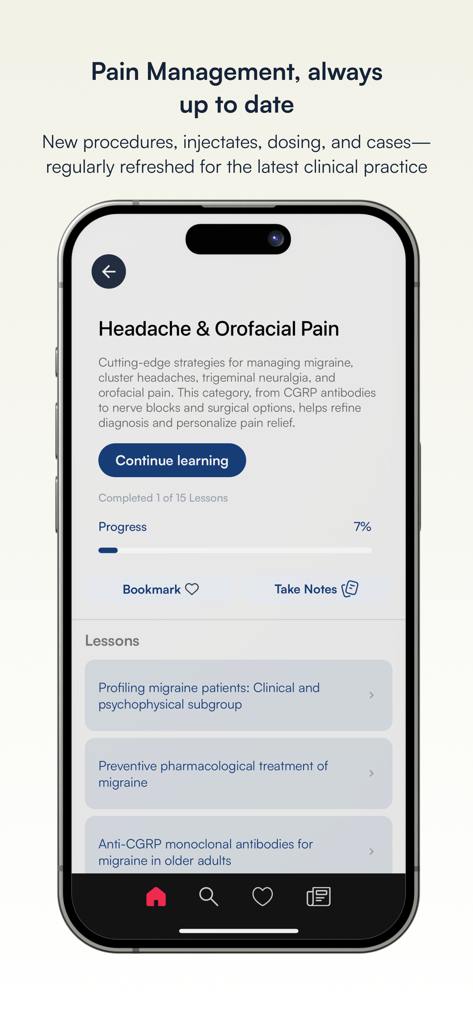 NYSORA Pain Medicine Assistant app screen showing medical lessons for headache and orofacial pain