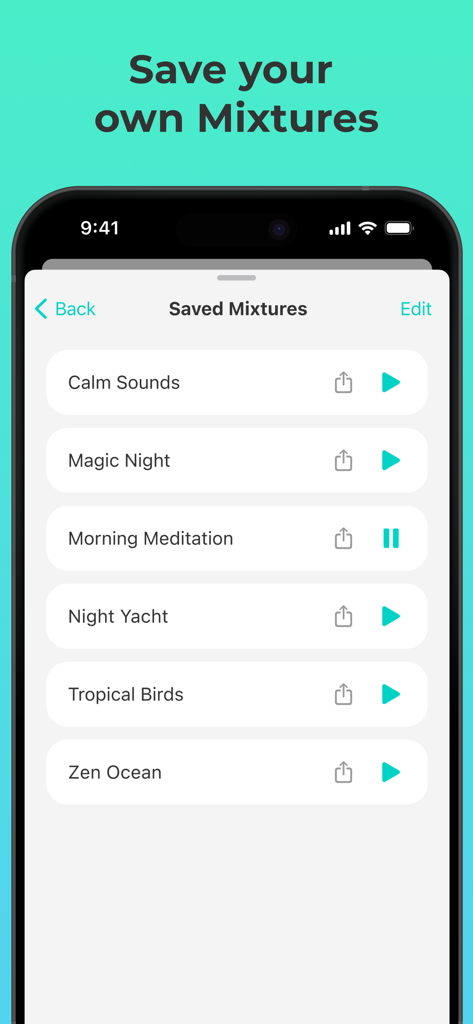 Noizio — focus, relax, sleep - Screenshot of Noizio app showing the Saved Mixtures screen with various personalized sound combinations for focus and relaxation