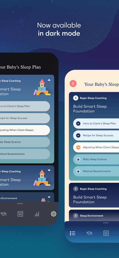 Smart Sleep Coach by Pampers app interface showing the personalized sleep plan in both light and dark modes
