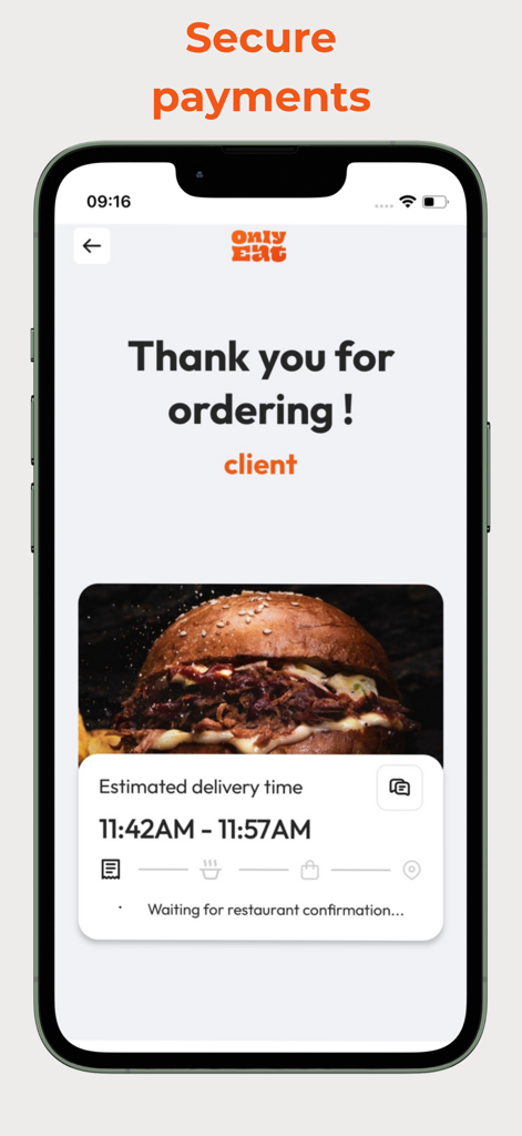 OnlyEat: Food Delivery - Order confirmation screen of the OnlyEat app displaying a burger and estimated delivery time