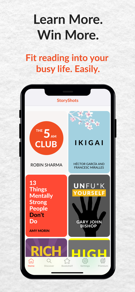 StoryShots: Book Summaries - Smartphone screen showing the StoryShots app interface with book summaries for titles like The 5 AM Club and Ikigai