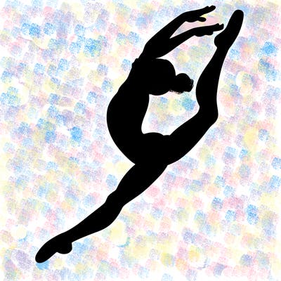 gymnast doing a leap in a leotard with a bent back leg