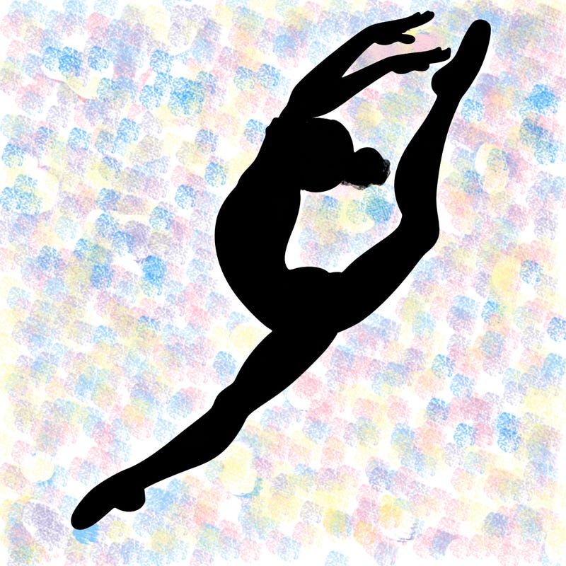 gymnast doing a leap in a leotard with a bent back leg