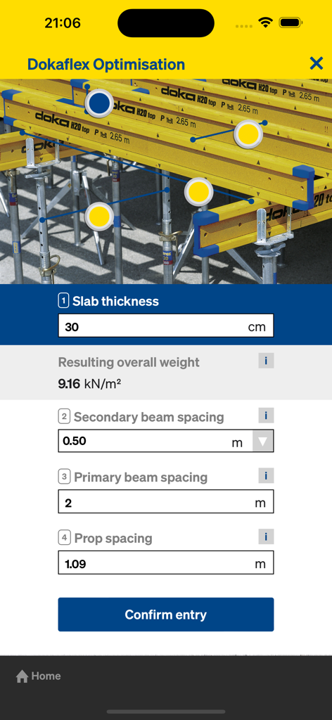 Doka Tools App-Oberfläche zur Optimierung von Dokaflex mit Eingabefeldern zur Berechnung von Plattendicke und Trägerabstand