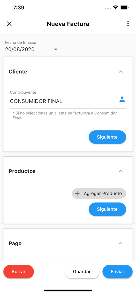 Ecuafact - Mobile screen of the Ecuafact app showing the process to create a new electronic invoice with sections for client, products and payment