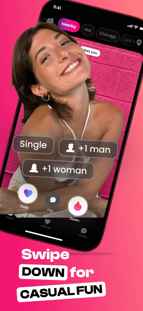 DOWN: The Casual Dating App - Smartphone screen showing the DOWN dating app interface with a swipe for casual fun message