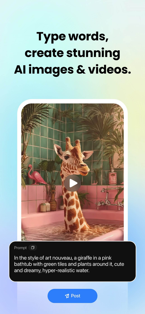 Fotor app interface displaying a text-to-image generation of a giraffe in a bathtub