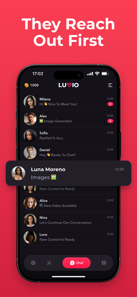 Luvio: Chat with AI Character - Luvio mobile app interface showing a list of AI characters initiating conversations