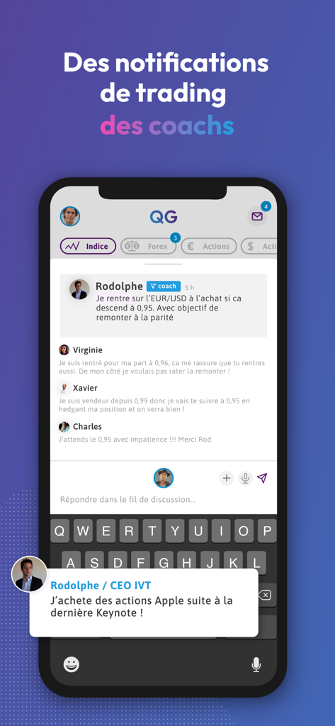 Screenshot of the Interactiv Trading app showing real-time expert trading plans and community chat
