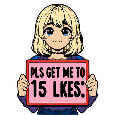realistic girl holding up a sign that says “pls get me to 15 likes!”
