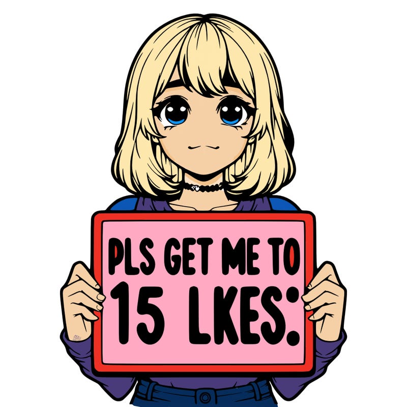 realistic girl holding up a sign that says “pls get me to 15 likes!”
