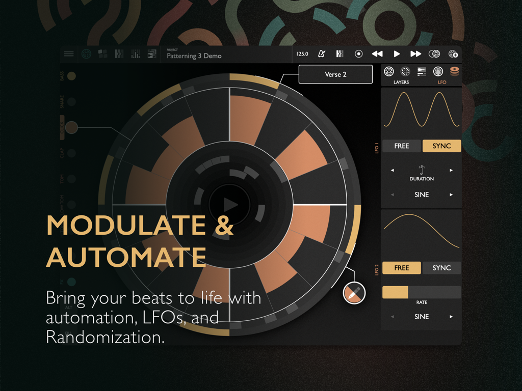 Patterning 3 : Drum Machine - Patterning 3 drum machine circular sequencer interface featuring LFO modulation and automation controls.