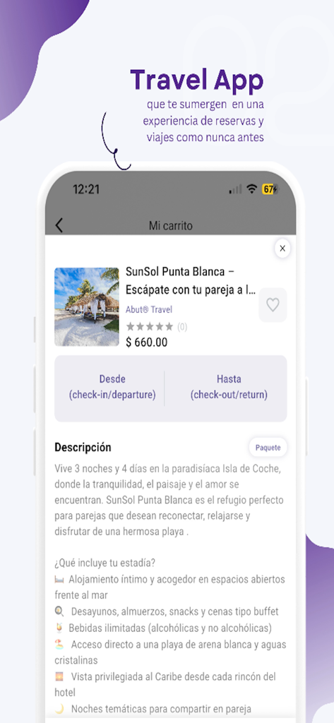 Interface do aplicativo móvel Abut mostrando um pacote de viagem para um resort na praia