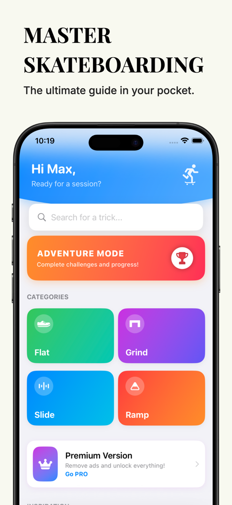 Interfaz de la aplicación Skate Tricks que muestra la pantalla de inicio con categorías de trucos y modo aventura.