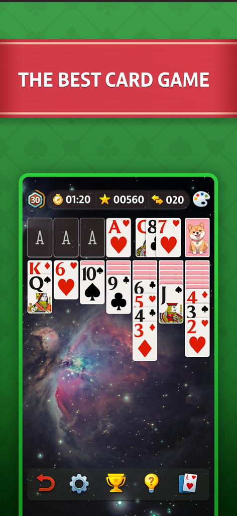 Solitaire - Classic Card Game⁎ - 갤럭시 테마 배경의 클래식 솔리테어 카드 게임을 보여주는 모바일 스마트폰 화면.