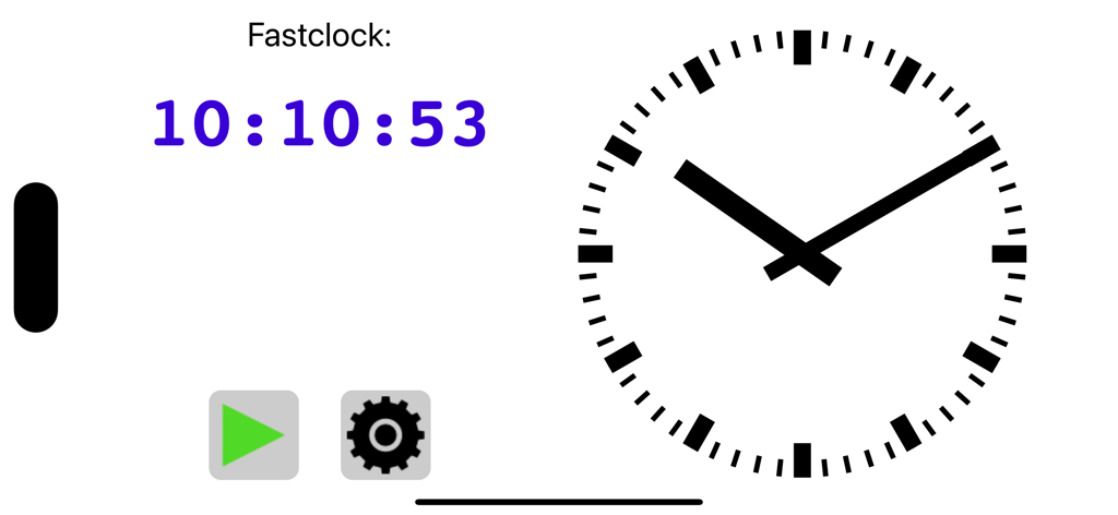 Fastclock app main screen featuring a digital time display and an analog clock face for model railroad operations