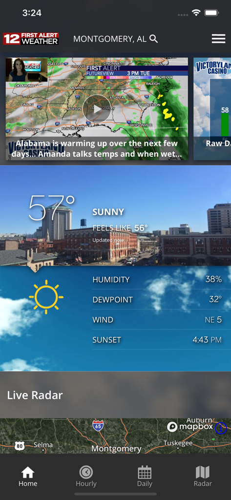 WSFA First Alert Weather app dashboard showing current sunny conditions and live radar for Montgomery Alabama