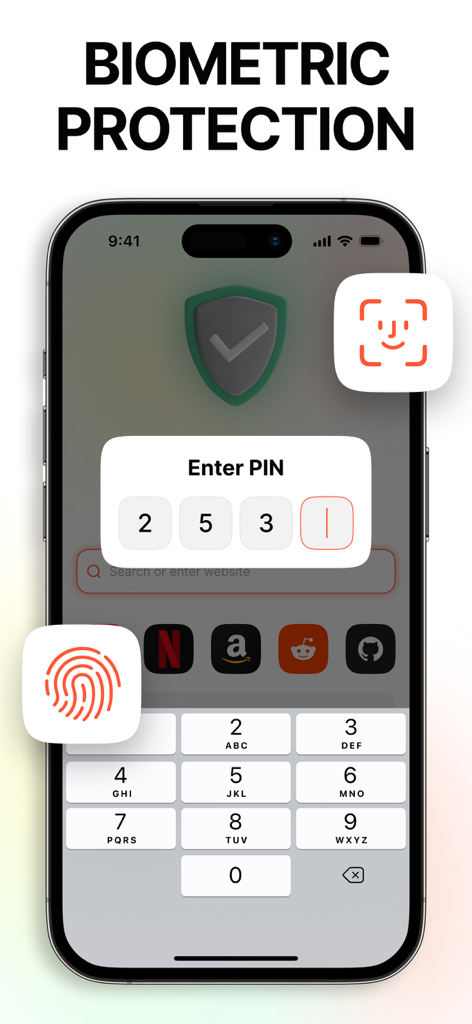 Guard Browser: Private & Safe - Guard Browser app screen showing biometric protection options with Face ID and Touch ID