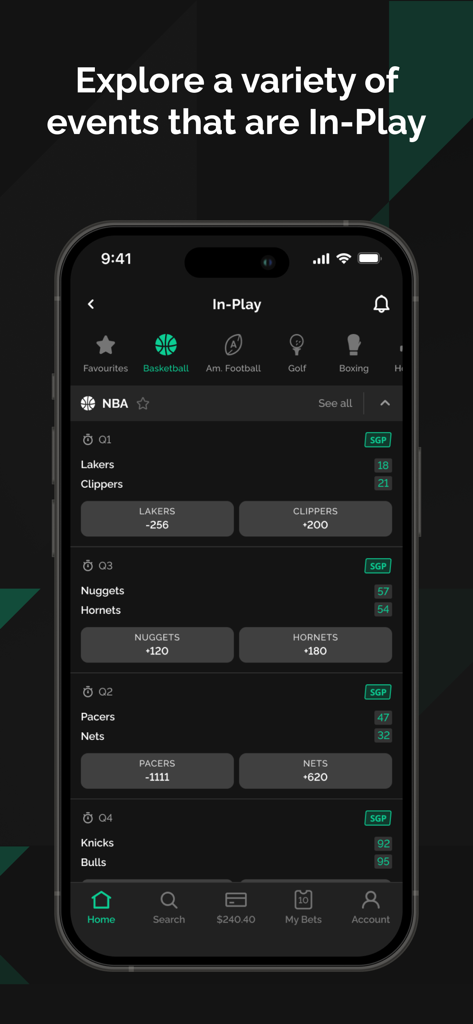 SBK Online Sportsbook Indiana - SBK Online Sportsbook Indiana app interface showing live in-play NBA basketball betting odds and scores