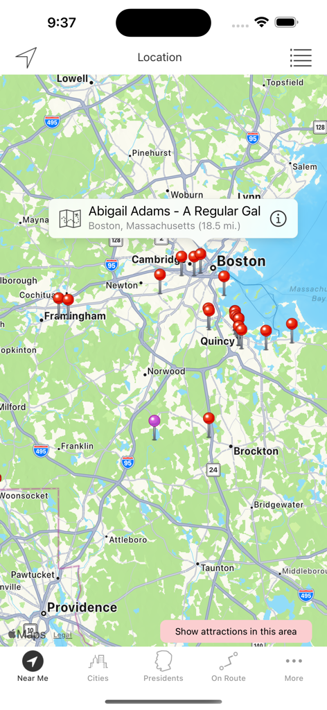 Roadside Presidents - A map of the Boston area in the Roadside Presidents app showing various presidential historical site pins and a callout for Abigail Adams.