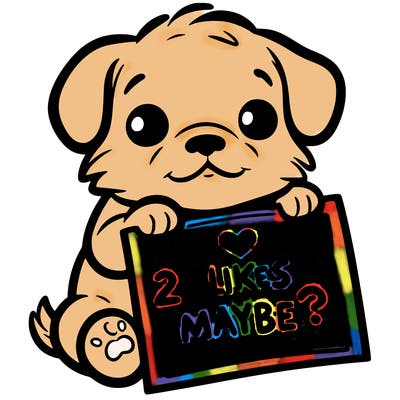 a puppy holding a sign that says 2 likes maybe?
