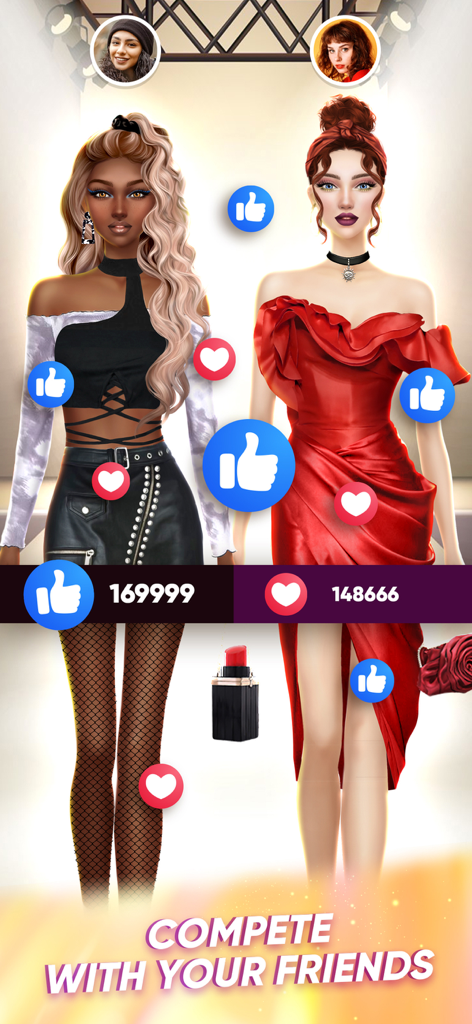 Zwei digitale Mode-Models in einem direkten Stil-Wettbewerb mit Like- und Herz-Symbolen