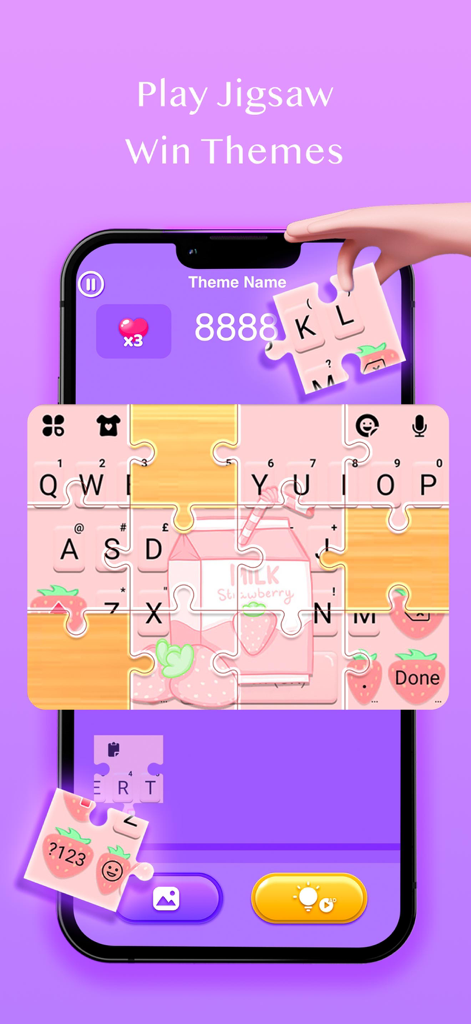 A smartphone screen showing a jigsaw puzzle game to unlock a cute strawberry milk themed keyboard