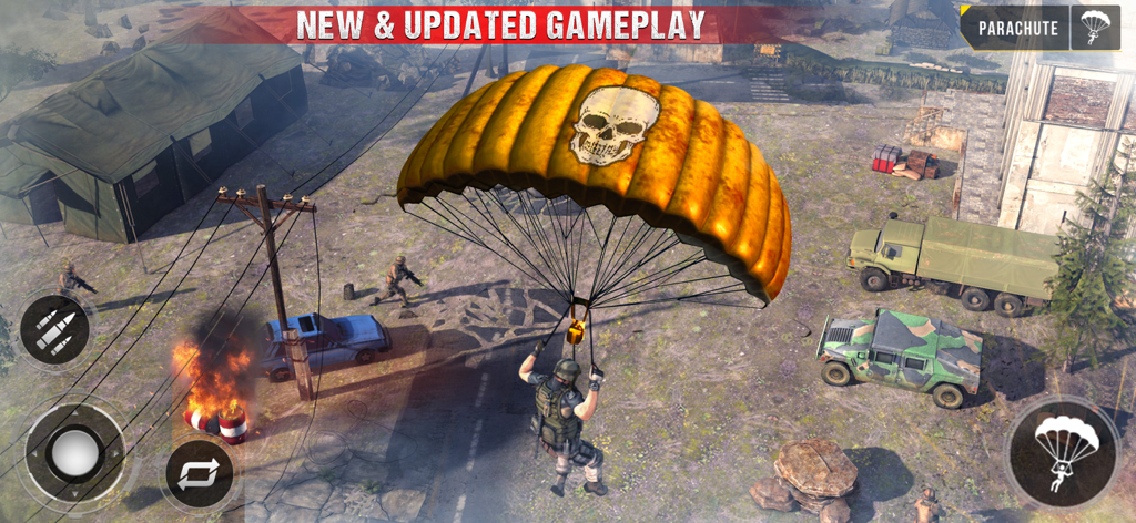 FPS Commando Gun Game Offline - A soldier parachuting onto a military base in Battle Royale mode.