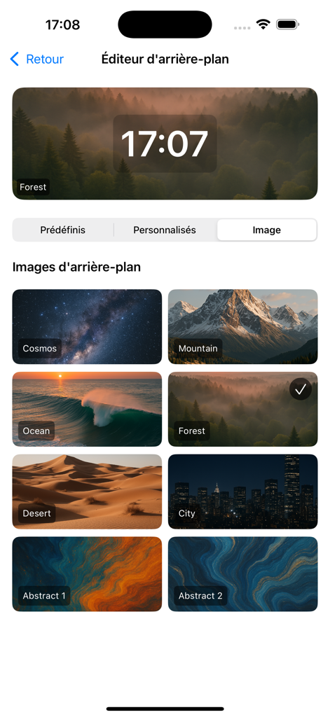 Lava Clock - Pantalla de editor de fondos en la aplicación Lava Clock que muestra una selección de imágenes estéticas de naturaleza y abstractas para la pantalla del reloj.
